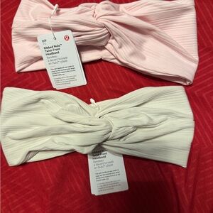 Lululemon Ribbed Nulu Twist-Front Headbands in Soft Pink and Bone